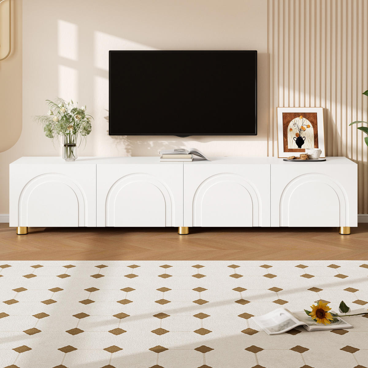 TV-SCHRANK Lowboard 4 Türen Bogenrelief Metallfüße - Weiß, Holzwerkstoff (35/40/180cm) - FLIEKS