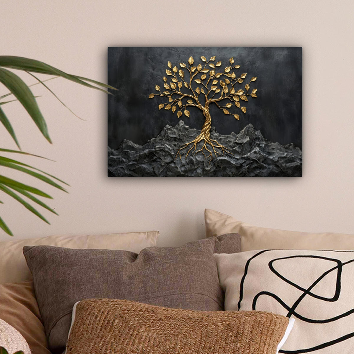 LEINWANDBILD Blätter - Gold - Baum - Fels Deko Schlafzimmer 30x20 cm - Schwarz, Textil (30/20cm) - MuchoWow