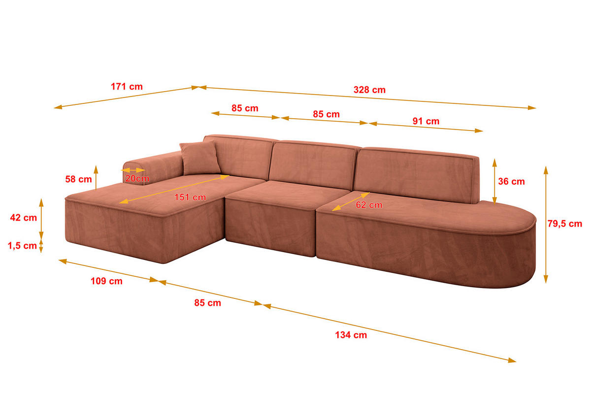 ECKSOFA Ottomane Links IREA-L2-v3 - 328x171x79 cm Apricot - Koralle, Holzwerkstoff/Textil (328/171cm) - ALTDECOR