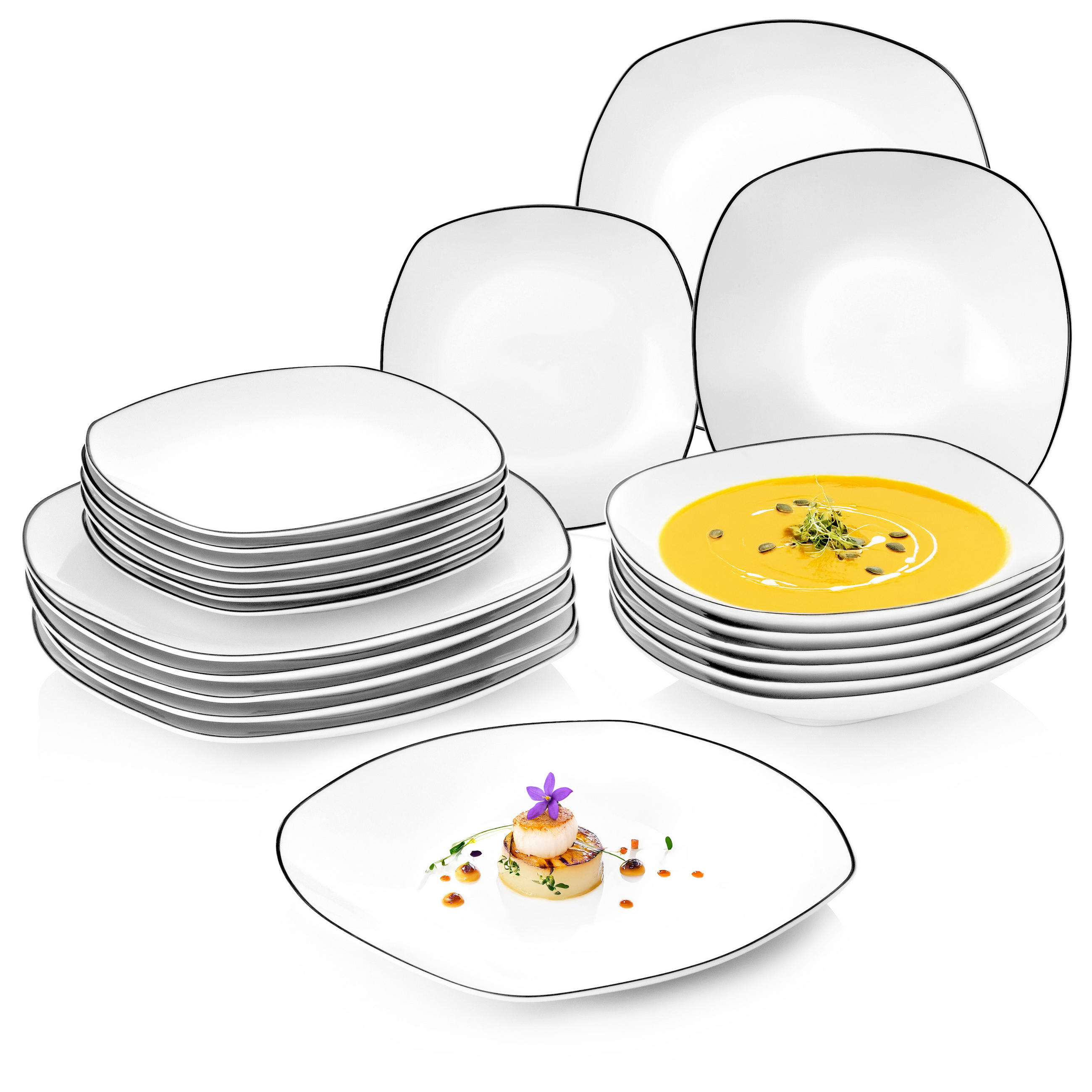 SÄNGER Porzellan Tafelservice Bilgola Black Rim 36 teilig für 12 Personen - Weiß, Keramik (25/2.5/25cm) - Sänger