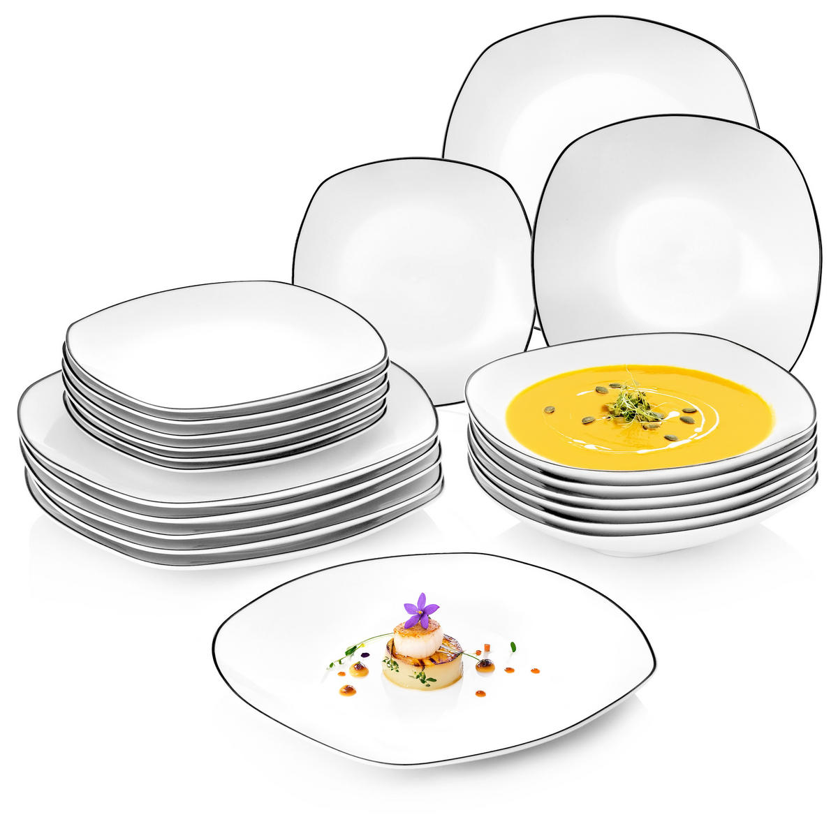 SÄNGER Porzellan Tafelservice Bilgola Black Rim 36 teilig für 12 Personen - Weiß, Keramik (25/2.5/25cm) - Sänger