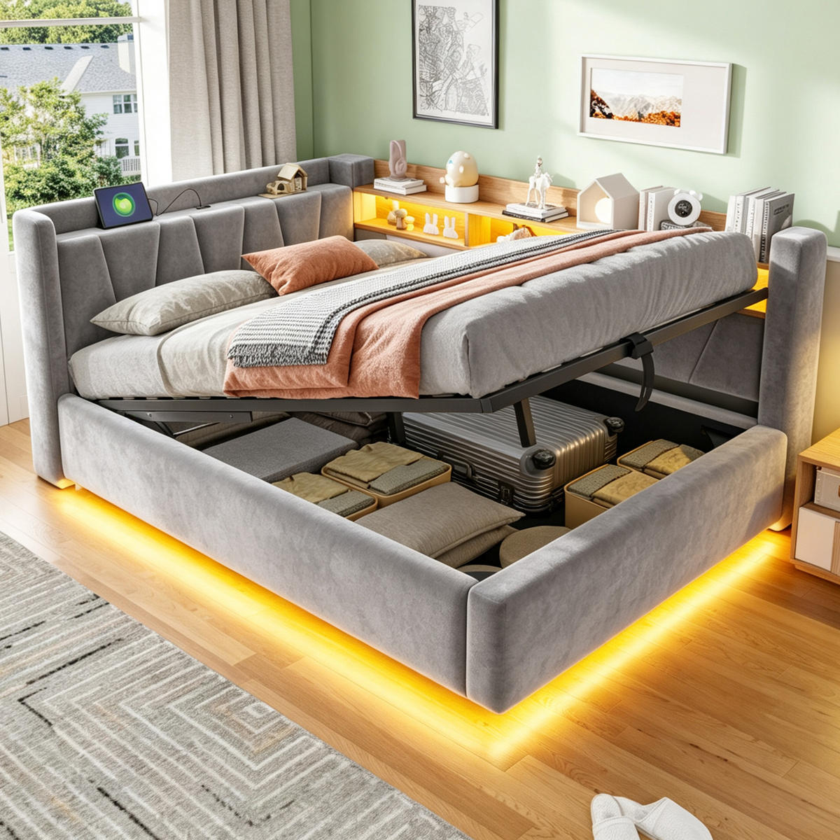 BOXBETT 140/200 mit LED/Regal/USB/Bettkasten, Samt, Grau - Grau, Holz (140/200cm) - LVHOM
