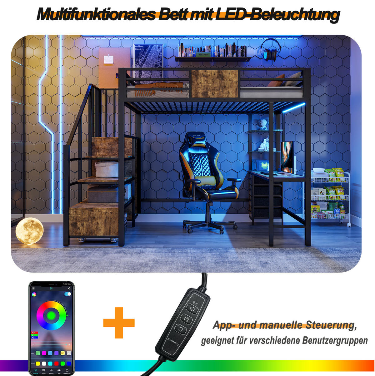 HOCHBETT 140/200 cm mit Schreibtisch, Ablagefächern, Kleiderstange, LED-Beleuchtung und Steckdose, Schwarz/Weiß - Schwarz, Metall (140/200cm) - Redom