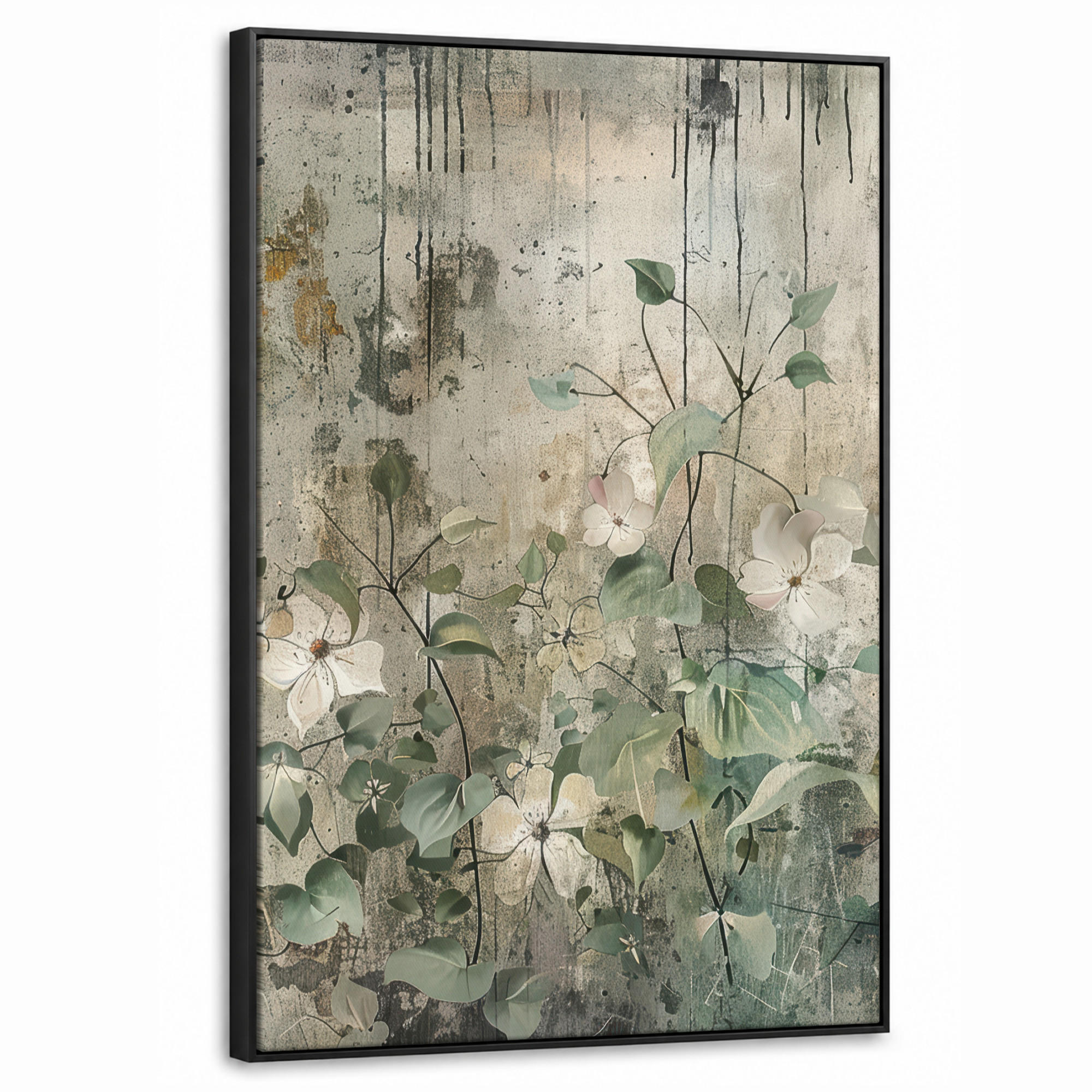 LEINWAND Bilder mit Rahmen - Blumen - Blätter - Abstrakt - Modern - 60x90 - Grau, Textil (60/90cm) - MuchoWow