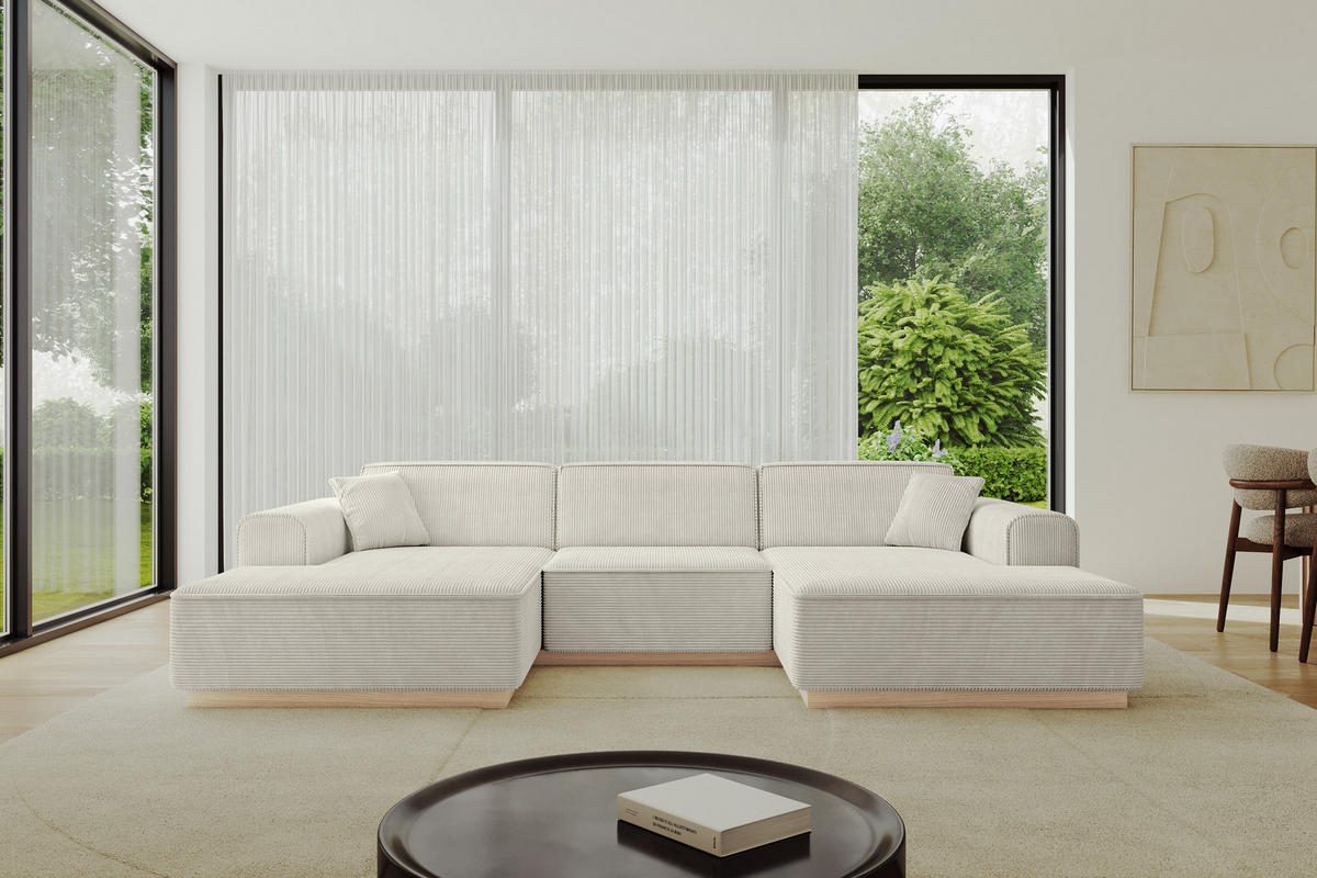 WOHNLANDSCHAFT ENIL-U 390x175x84 Beige Cord - Beige, Holzwerkstoff/Kunststoff (390/84/175cm) - ALTDECOR