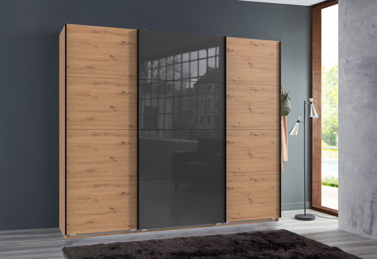 SCHWEBETÜRENSCHRANK 3-türig in Eichendekor, eine Tür mit Glasfront Grau, B225/H208/T64 cm / 22524 - Eichefarben/Schwarz, Holzwerkstoff/Metall (225/208/64cm) - luma-home