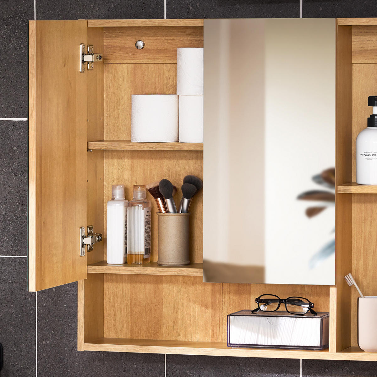 SPIEGELSCHRANK Natur - Braun, Glas/Holzwerkstoff (80/70/13cm) - SoBuy