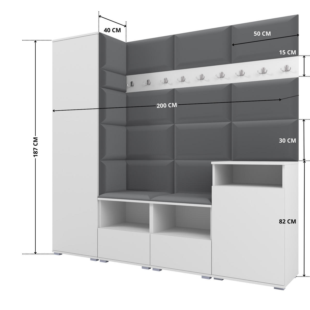 GARDEROBE NELA X 200 cm (Modulare Flurmöbel Weiß mit Sitzpolster Dunkelgrau 15 Schrank + Sidelboard) - Dunkelgrau/Silberfarben, Holz/Holzwerkstoff (200/187/40cm) - Ravio