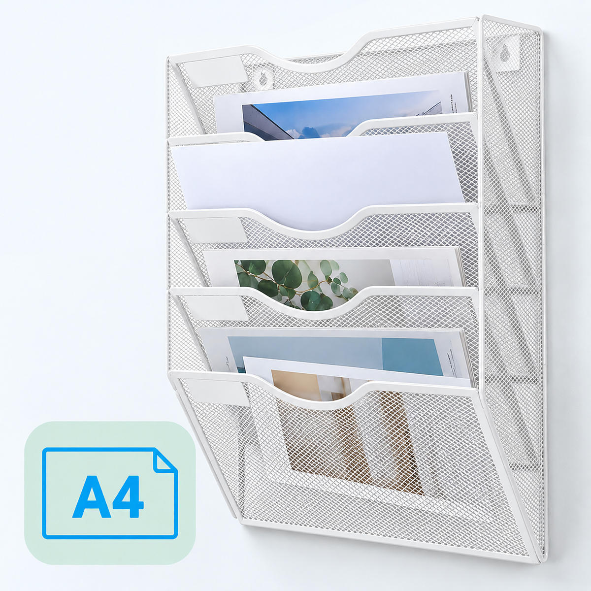ZEITSCHRIFTENHALTER Weiß Metall Wandmontage 5 Ablagen - Weiß, Metall (30.5/42.5/11cm) - Relaxdays