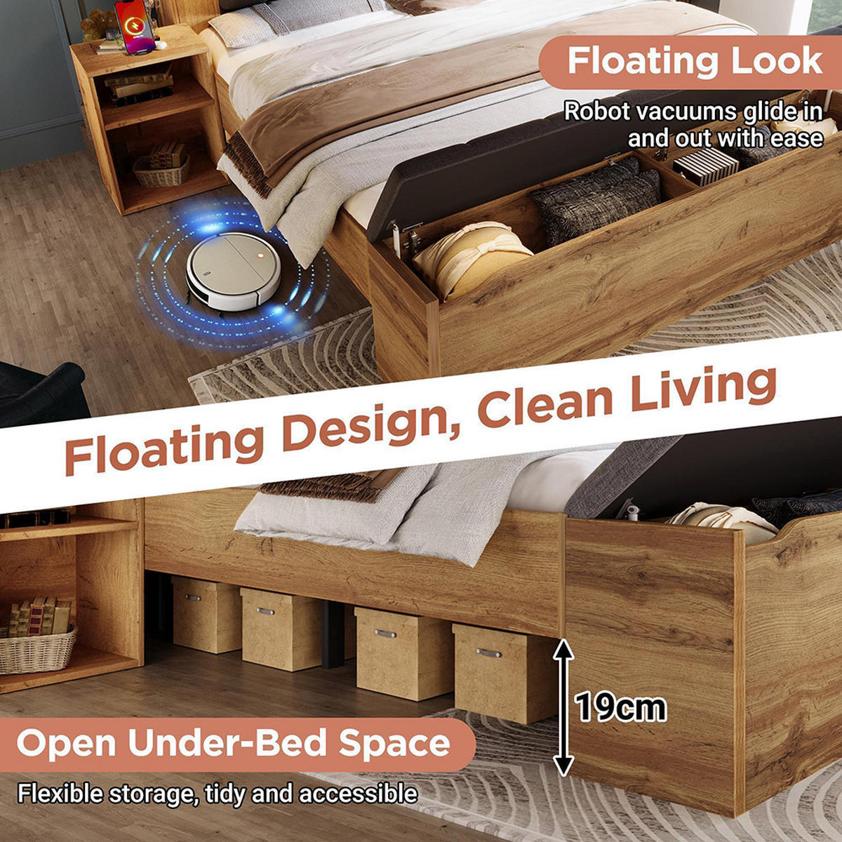 DOPPELBETT 160x200 cm in Eichenoptik mit zwei Nachttische, Mit Matratze - Eichefarben, Holz (160/200cm)