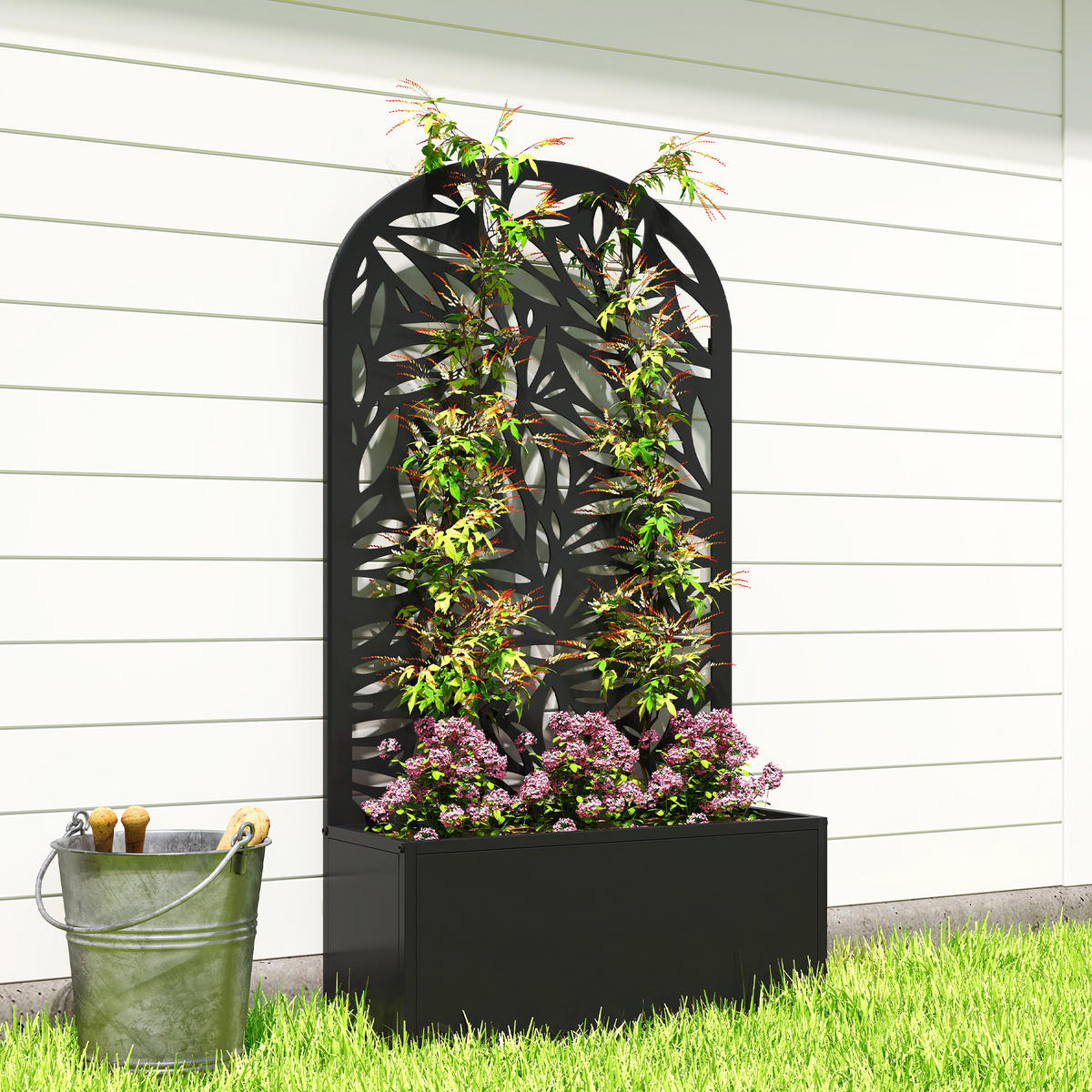 HOCHBEET DE-12289 mit Rankgitter wandmontierbar, 61/23/113 cm Schwarz - Schwarz, Metall (61/113/23cm) - ComfortXL