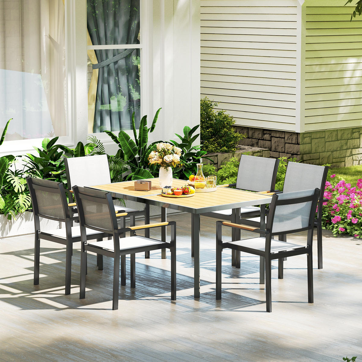 GARTENTISCH DE-14139 für 6 Personen, Holzoptik-Stahl Natur - Naturfarben, Metall (150/90/72cm) - ComfortXL