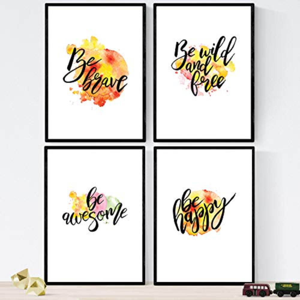 POSTER Set mit 4 glücklich und bunt ‚Brave‘ A3 Schwarzer Rahmen - Schwarz, Papier (29.7/3cm) - Nacnic