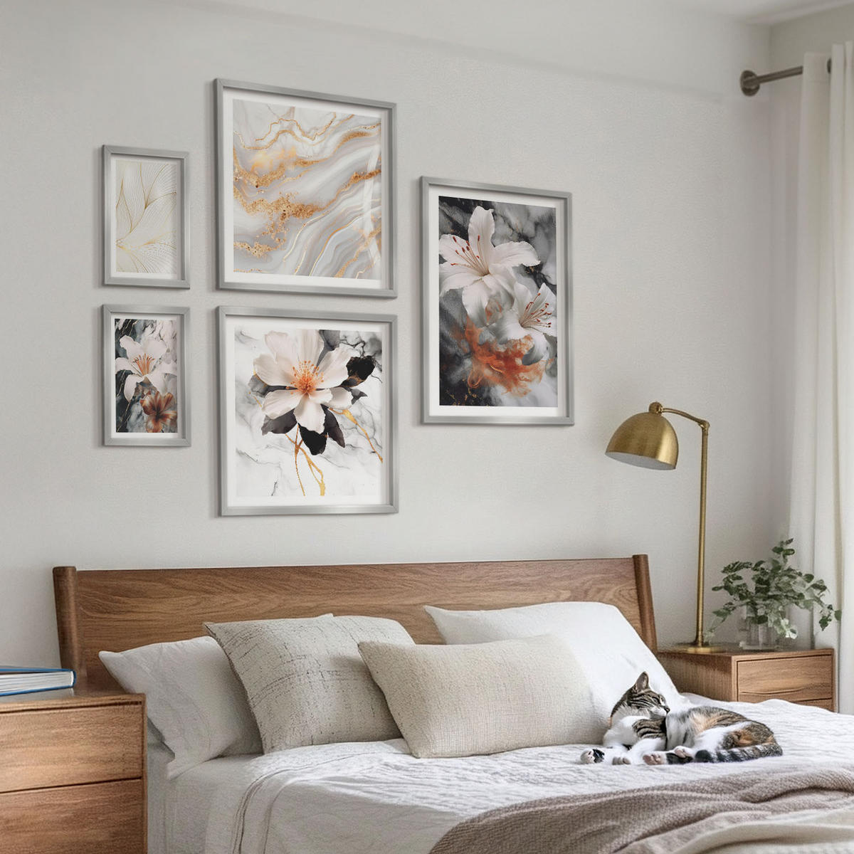 WANDBILDER 5er Set - 50x50 cm & 20x30 cm & 40x60 cm Silberner Rahmen - Blumen Marmor weiß schwarz - Silberfarben, Kunststoff (40/60cm) - ArtPrintCave