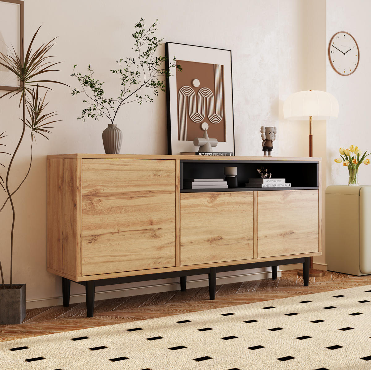 SIDEBOARD 160/35/76 cm in Schwarz/Holzfarben mit 3 Türen und verstellbaren Regalen - Naturfarben, Holzwerkstoff (160/76/35cm) - Flora Grace