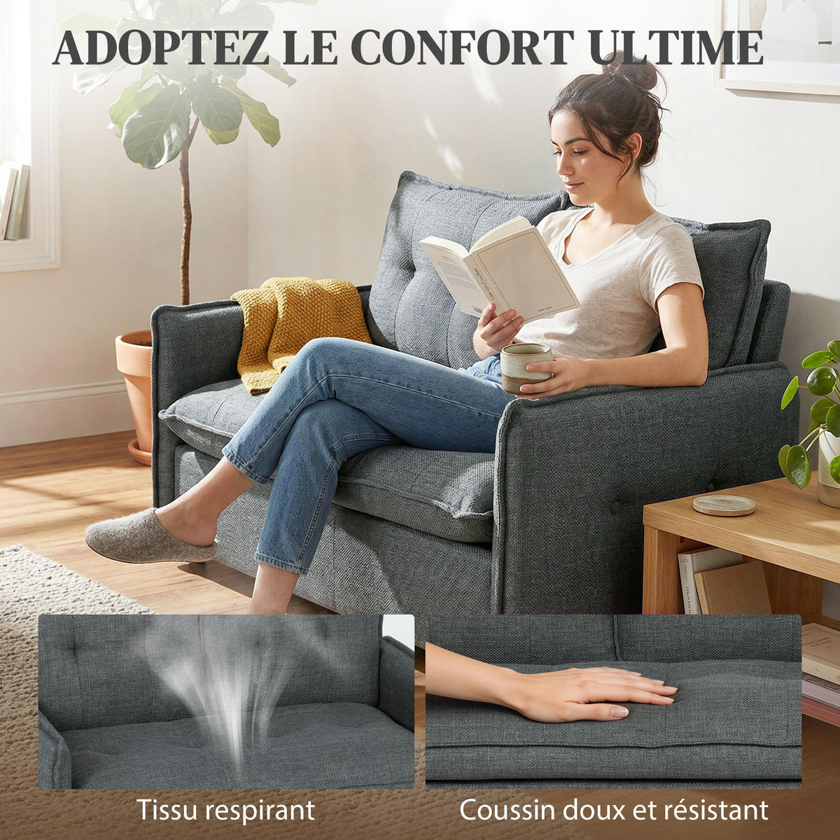 SOFA, 2-Sitzer, 131cm, Leinenstoff, Federkernkissen, dunkelgrau - Multicolor, Holzwerkstoff (131/85/75cm) - FORIOUS