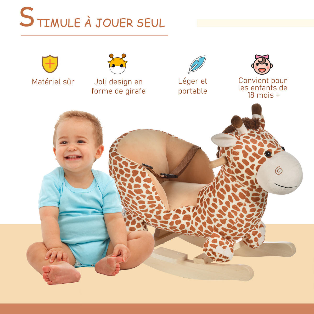 SCHAUKELPFERD DE-18226 Giraffe, Musikfunktion, Sicherheitsgurt Braun-Beige - Braun, Holz (33/45/60cm) - ComfortXL