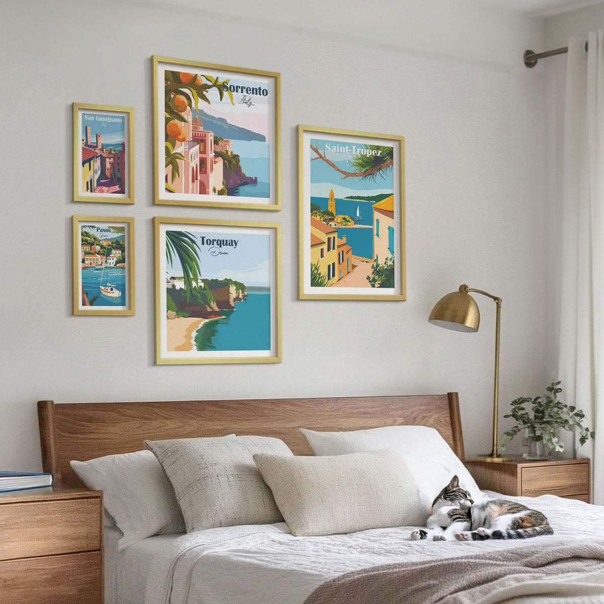 WANDBILDER 5er Set - 50x50 cm & 20x30 cm & 40x60 cm Goldrahmen - Retro-Illustrationen von Weltstädten - Goldfarben, Kunststoff (40/60cm) - ArtPrintCave