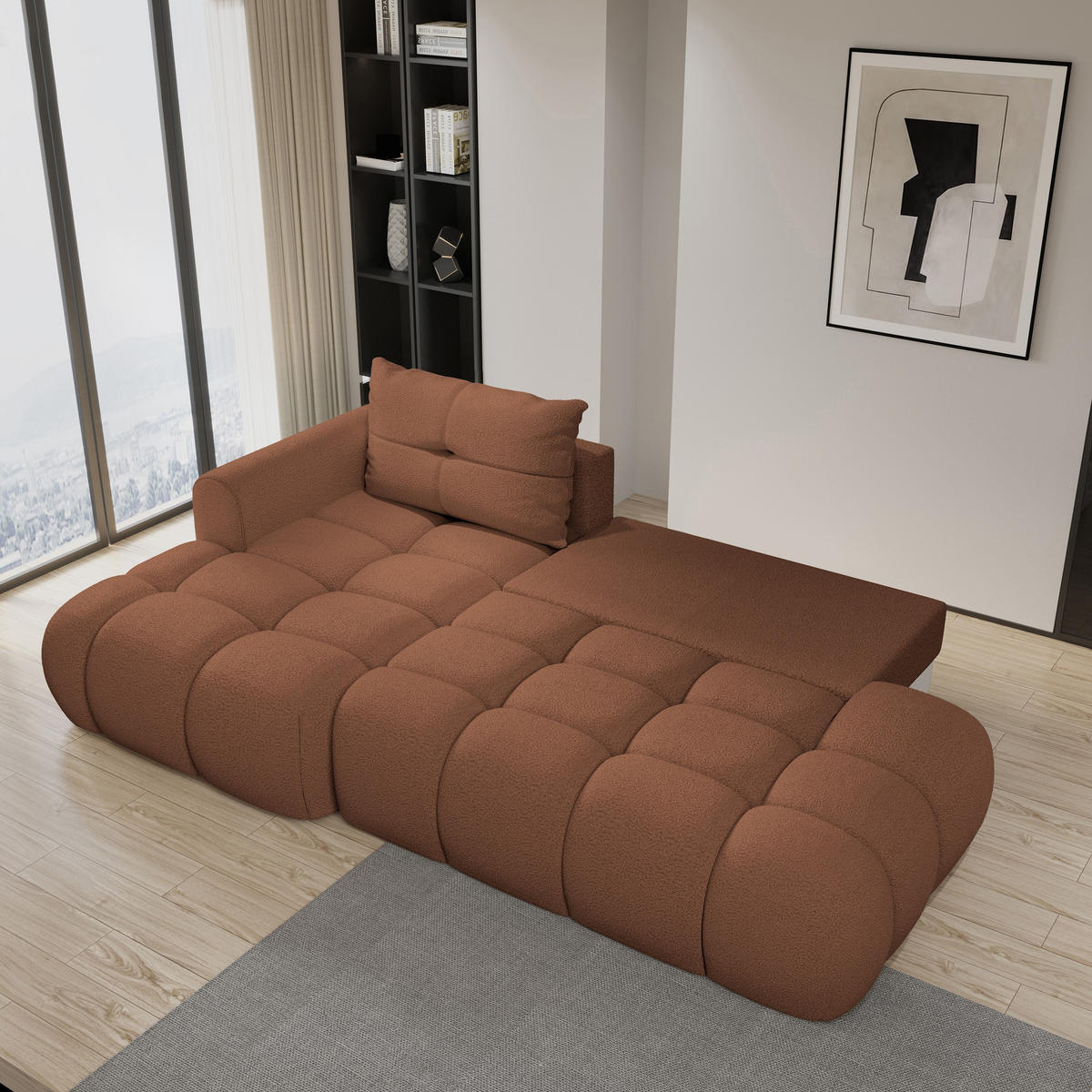 ECKSOFA FLUMA L-S Kupferfarben Boucle-Stoff mit Schlaffunktion - Kupferfarben, Holz (274/165cm) - MASSENO