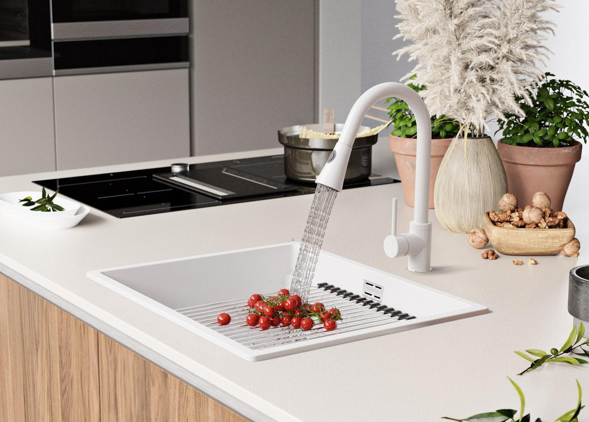 SPÜLBECKEN Praga Slim, 2-er set Weiß 86/47 cm 1 Becken + Ablauf-Set + Aufrollbare Abtropffläche ab 90er Unterschrank - Chromfarben/Weiß, Kunststoff (86/20/47cm) - Primagran