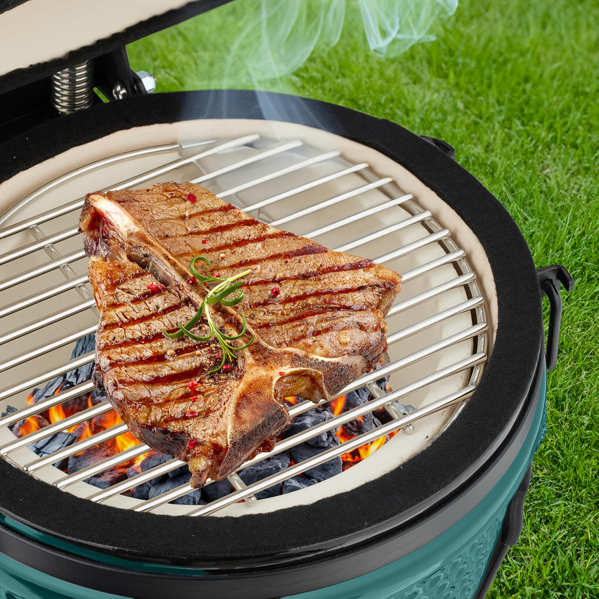 KAMADO-GRILL - Dunkelgrün, Keramik/Metall (34/56.5cm) - Relaxdays