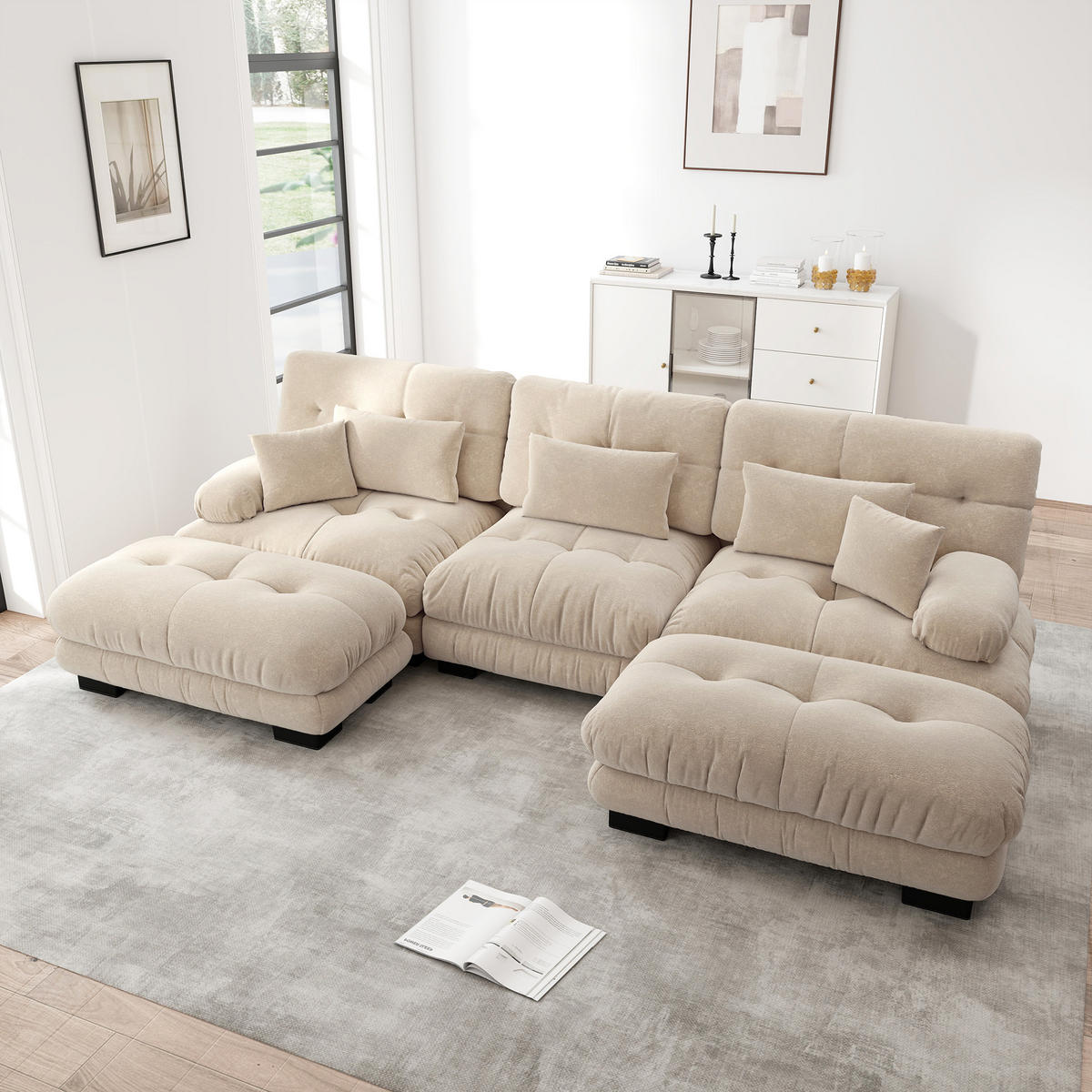 WOHNLANDSCHAFT Chenille Hellbraun mit Ottomans - Hellbraun, Textil (313/81/145cm) - WISHDOR