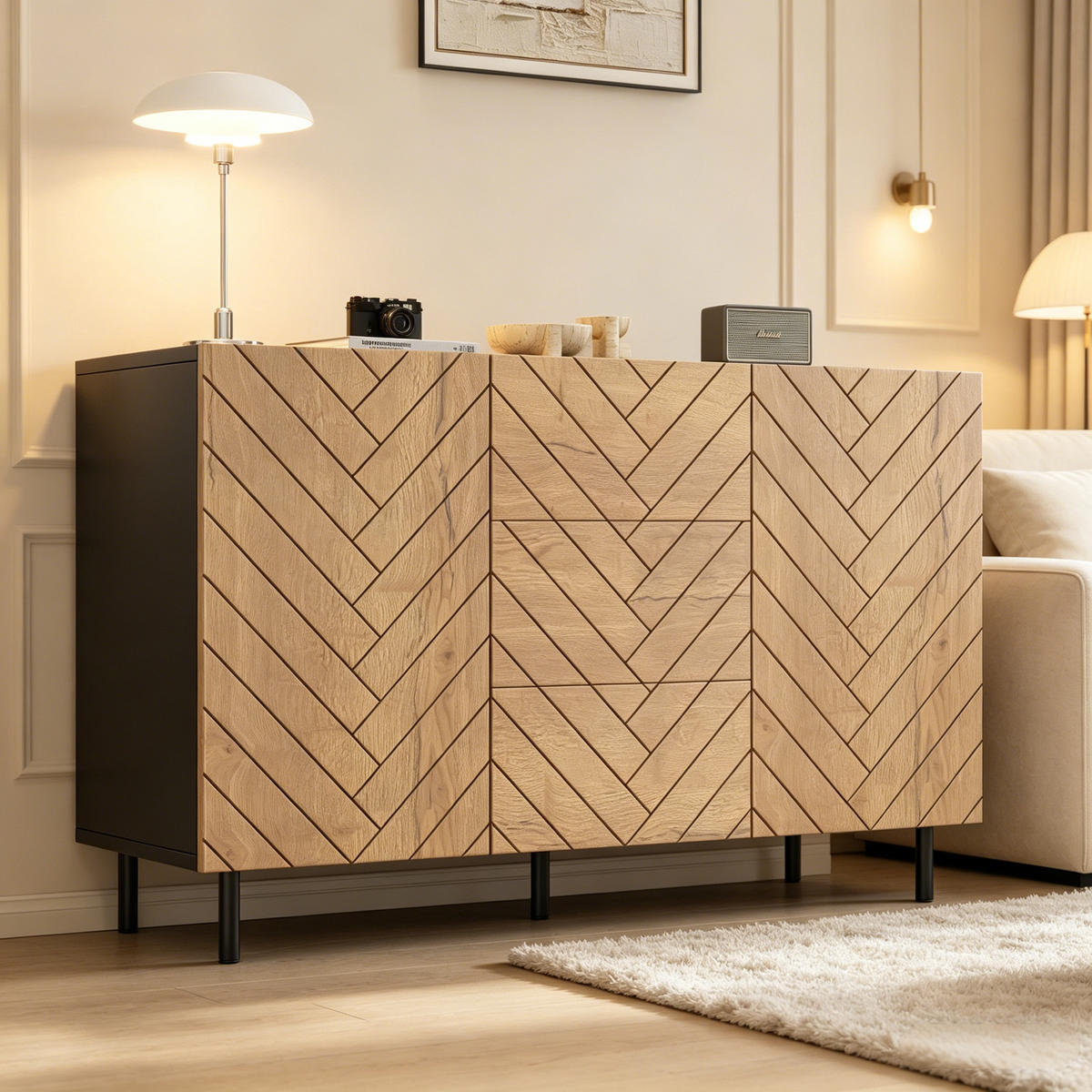 SIDEBOARD 3 Schubladen 2 Türen 120cm Stauraumschrank Modern - Naturfarben, Holzwerkstoff (120/76/40cm) - FLIEKS