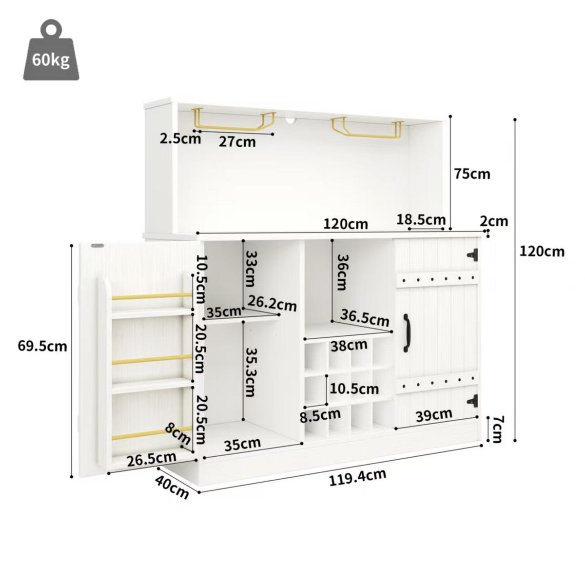 GESCHIRRSCHRANK aus MDF & Metall 120x40x120 cm in Weiß - Weiß, Holzwerkstoff (120/120/40cm) - Modfu