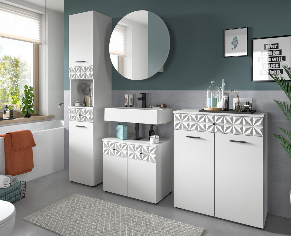 HOCHSCHRANK weiß Hochglanz 35 cm, Badschrank mit 3D-Struktur - Weiß Hochglanz/Schwarz, Holzwerkstoff/Kunststoff (35/187/34cm) - Inn.Furn