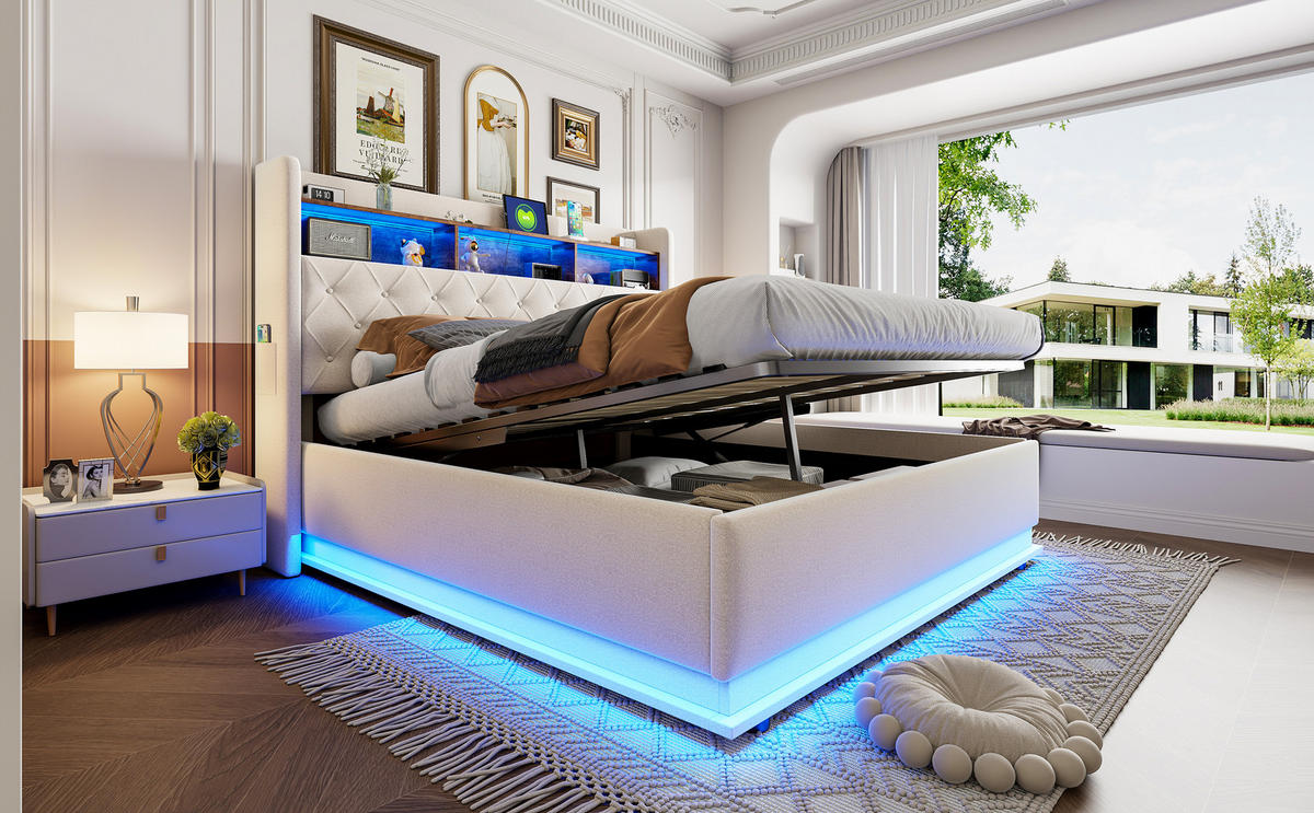 POLSTERBETT 180x200 cm LED USB Stauraum beige - Beige, Textil (180/200cm) - Fortuna Lai