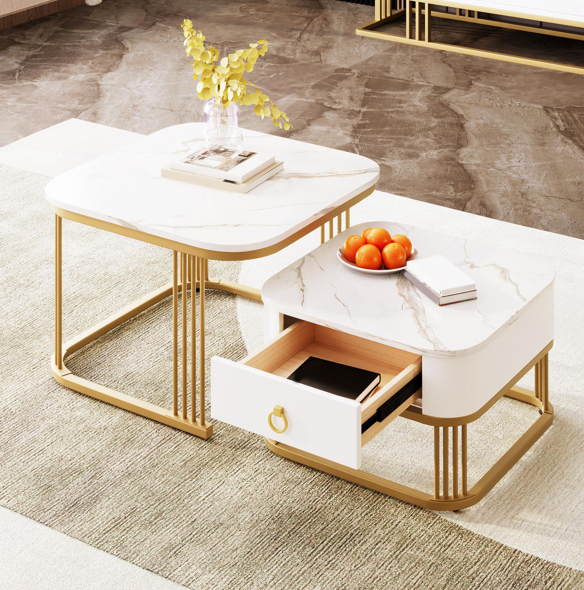 COUCHTISCH verschachtelbar 60 x 60 cm MDF Weiß-Gold 2er-Set - Weiß, Metall (60/60/45cm) - Meubliv