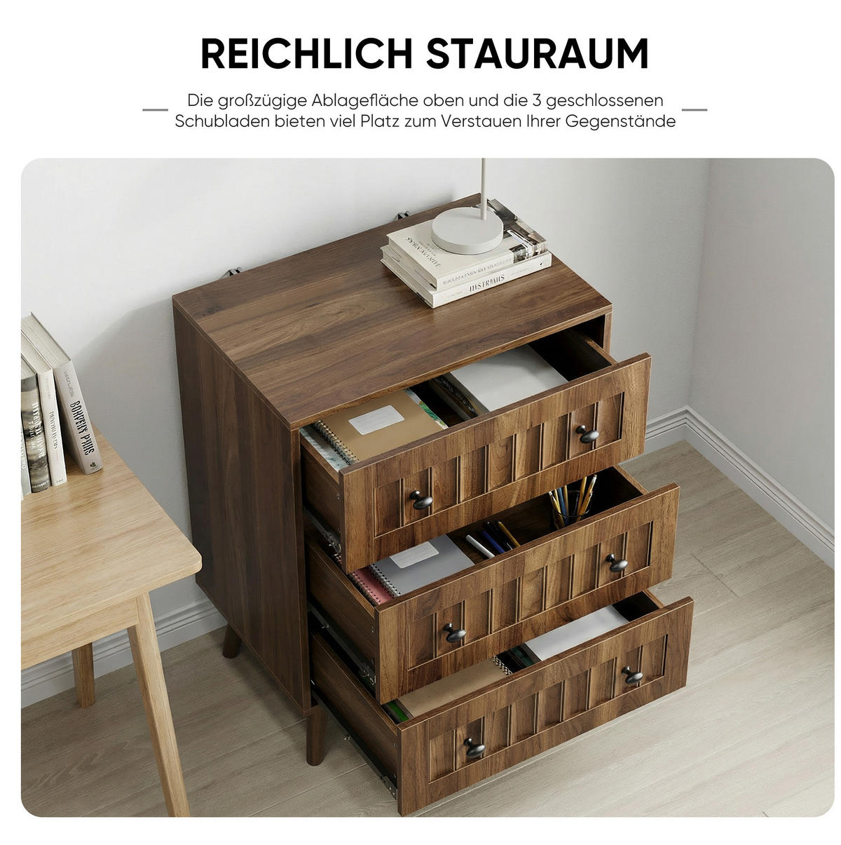 KOMODA z MDF 60x40x79 cm ořechová se 3 zásuvkami a drážkovanými čely - barva vlašského ořechu, kompozitní dřevo (60/78/40cm) - Modfu