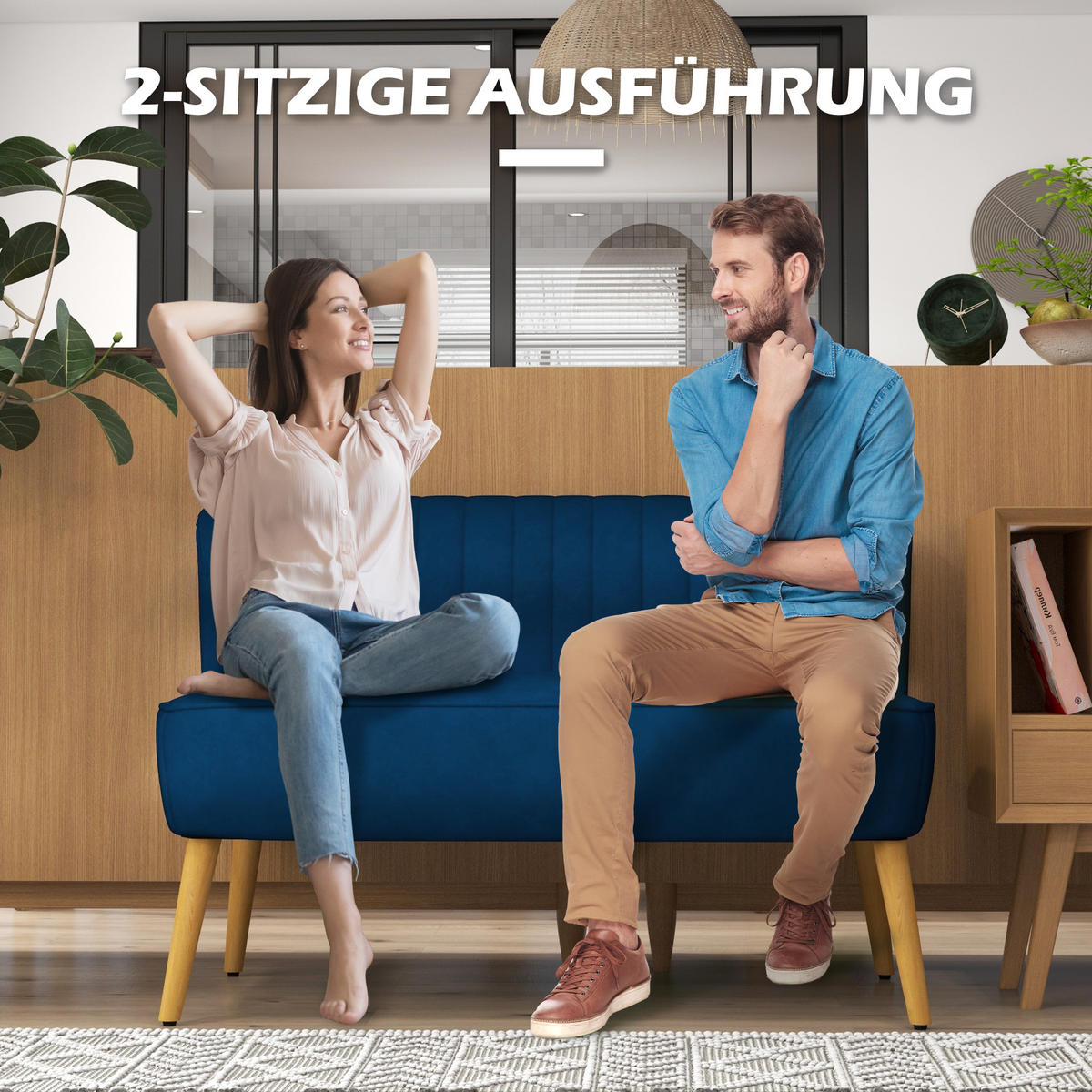 2-SITZER Sofa Zweisitzer, Loveseat mit Leinenoptik, Doppelsofa mit Holzbeine - Blau/Naturfarben, Holz/Textil (56.5/77/117cm) - HOMCOM