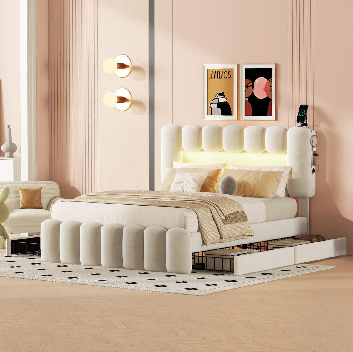 POLSTERBETT mit 4 Schubladen 140x200 cm Samt Beige - Beige, Metall (140/200cm) - Meubliv