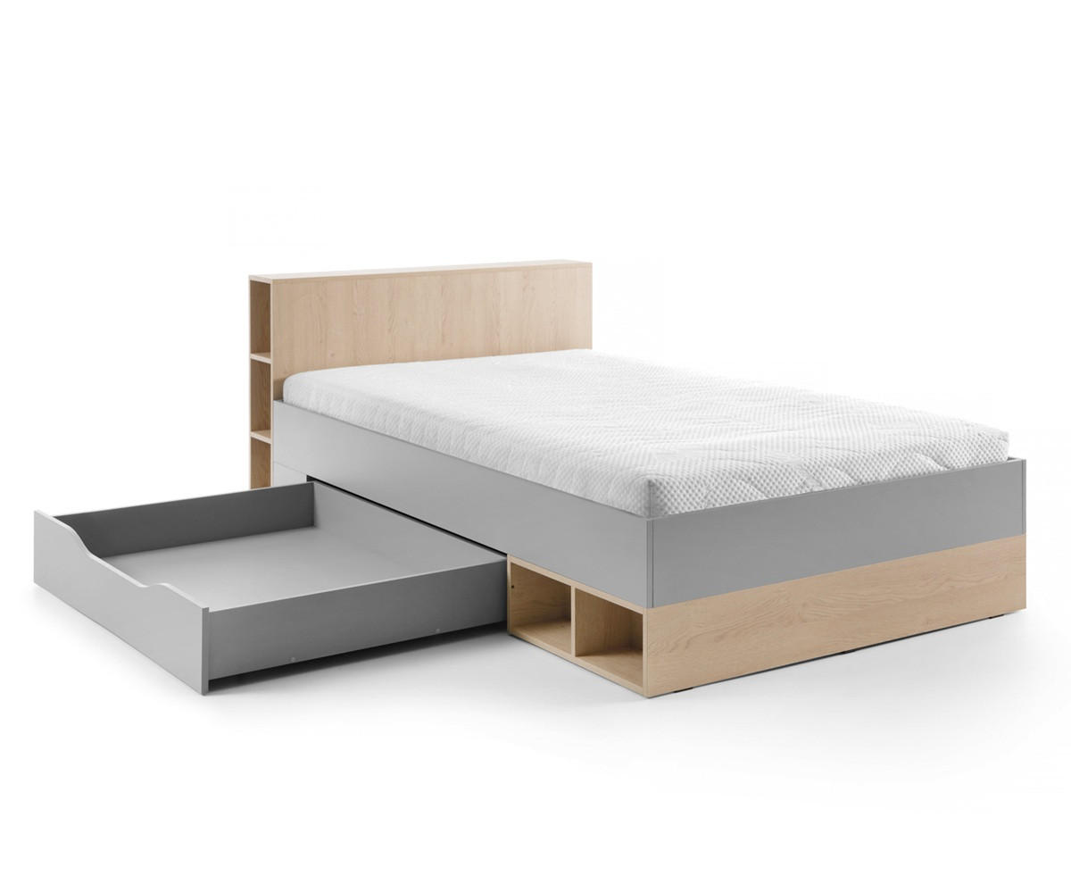 JUGENDZIMMER Oriel Set B mit Bett 120 x 200 - 6-teilig - Platingrau / Biskuit-Eiche - Eichefarben/Schwarz, Holzwerkstoff/Metall (124/80/224cm) - QMM TraumMöbel
