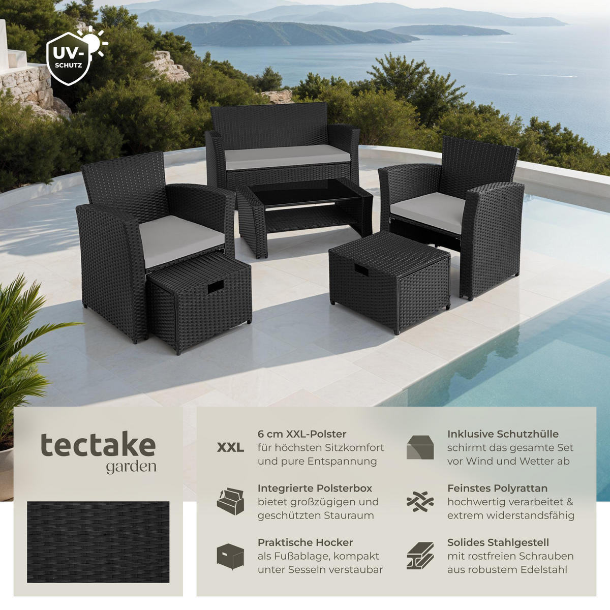 RATTAN SITZGRUPPE Modena,inklusive Staufach und Schutzhülle,schwarz/grau - Schwarz/Grau, Kunststoff - tectake