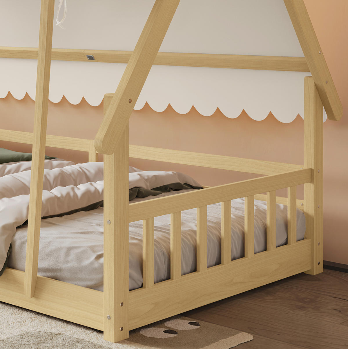 HAUSBETT aus Kiefer und Sperrholz 90x200 cm Weiß/Natur mit abnehmbarem Zelt und Sicherheitsgeländer - Weiß, Holzwerkstoff (90/200cm) - Modfu