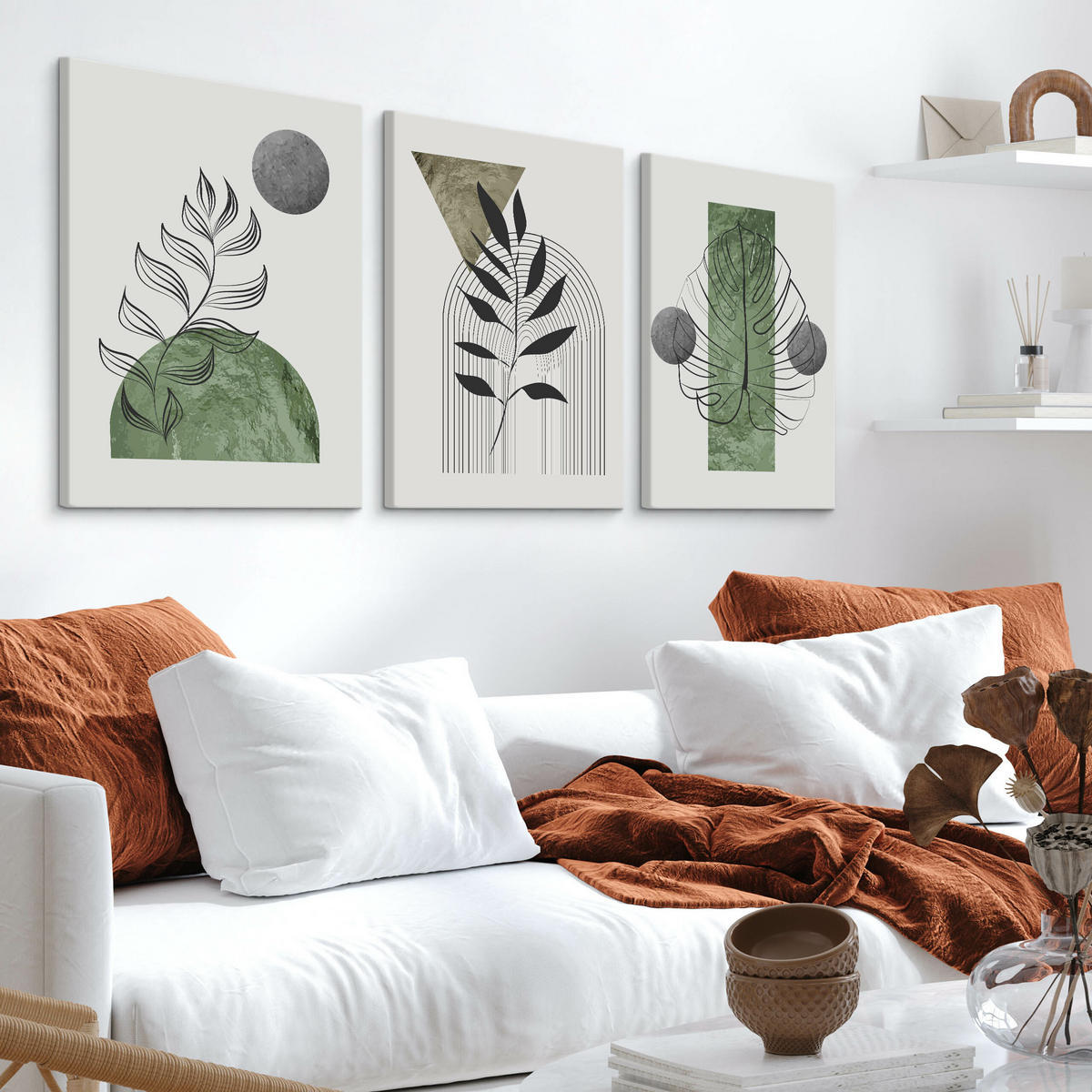 LEINWANDBILDER 3-es Set Blätter Boho - Schwarz/Weiß, Textil (90/40cm) - Muralo