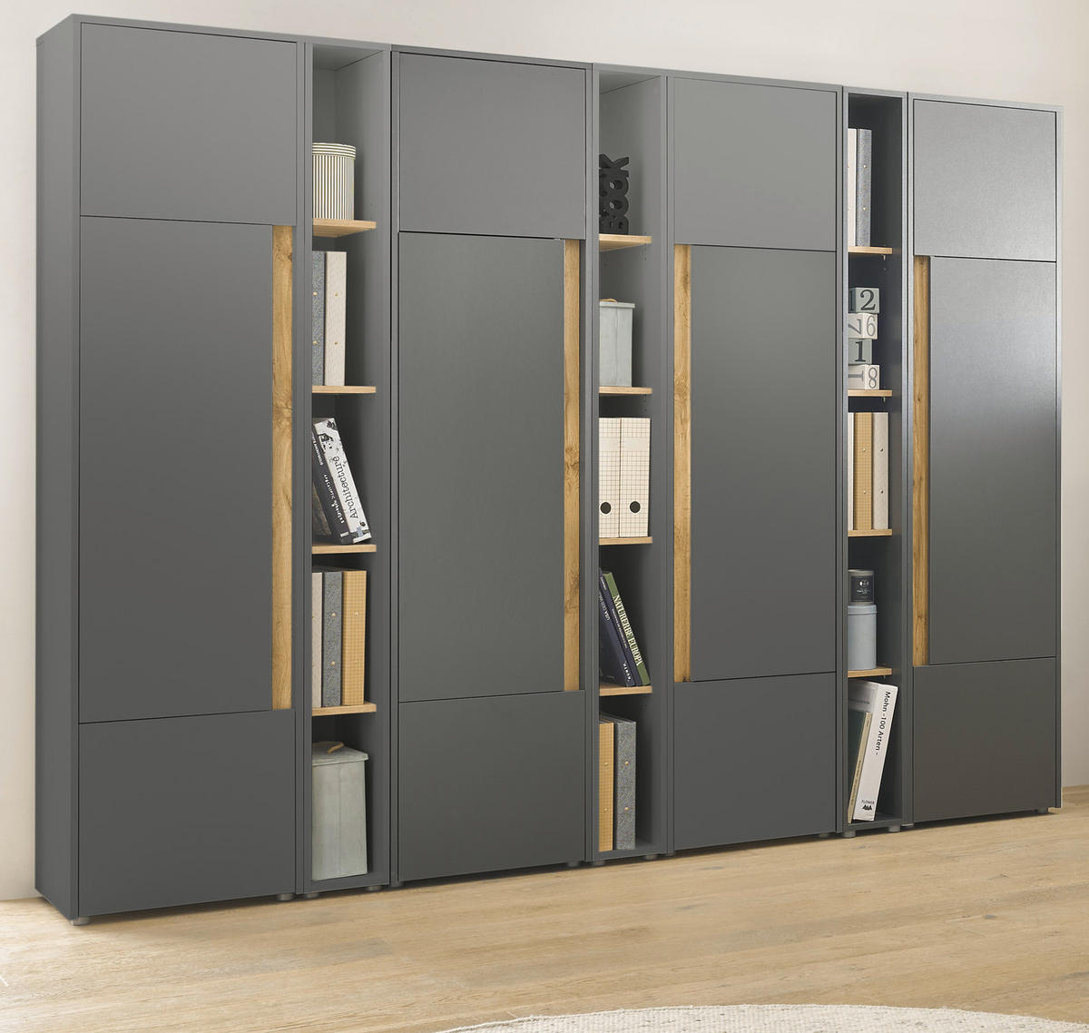 AKTENSCHRANK Set 7-teilig grau matt, Eiche Wotan 260 x 200 cm, Schrank-Regal-Kombination mit 35 Fächern - Eichefarben/Eiche Wotan, Holzwerkstoff/Kunststoff (260/200/40cm) - Furn.Design
