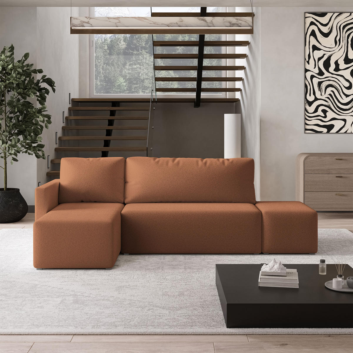 ECKSOFA VELOTTI L-S Kupferfarben Boucle-Stoff mit Schlaffunktion - Kupferfarben, Holz (261/143cm) - MASSENO