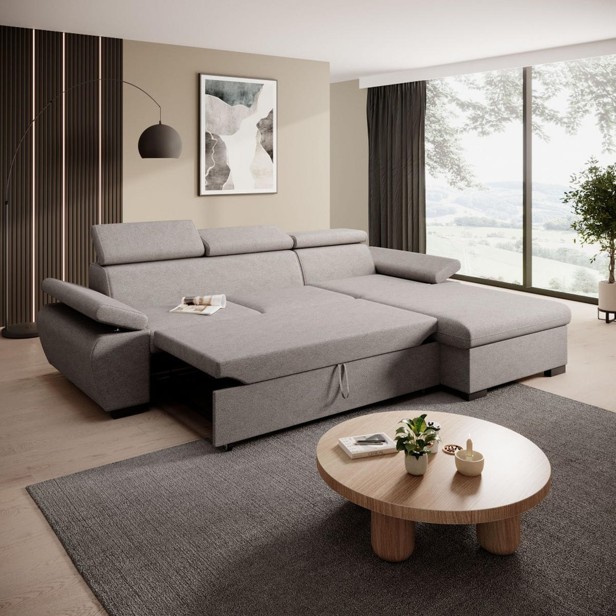 ECKSCHLAFSOFA Coco mit verstellbare Kopfstützen, grau, rechts - Grau, Textil (273/191cm) - Beautysofa