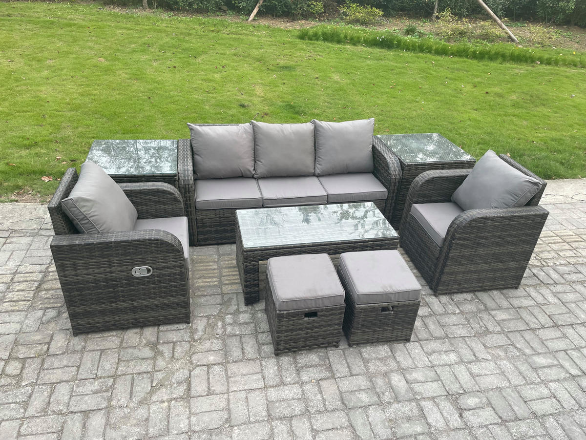 GARTENSOFA SET mit LIEGESTUHL Polyrattan 7-Sitzer Dunkelgrau - Dunkelgrau/Grau, Glas/Kunststoff - Fimous