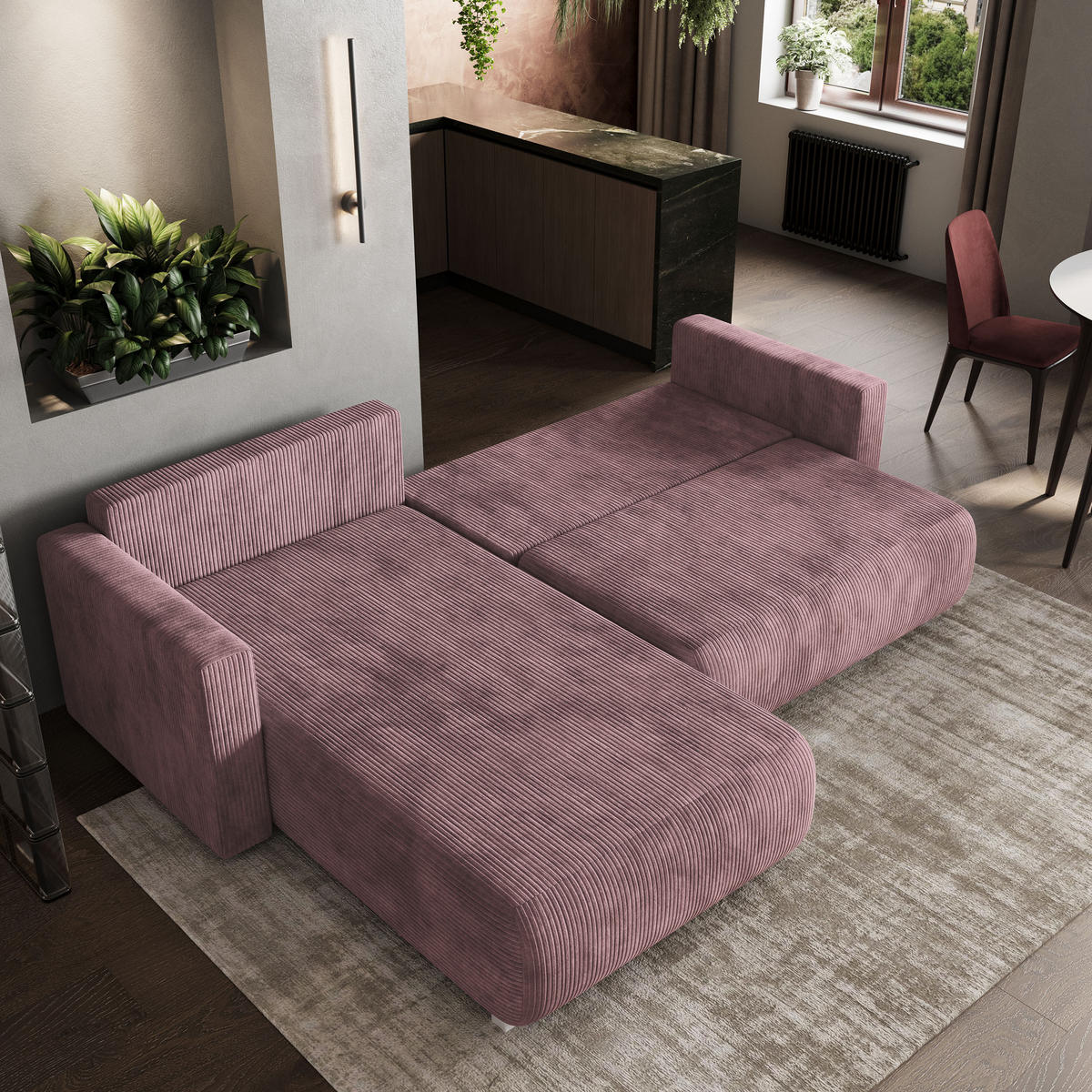 ECKSOFA TURIN P Lila Kordstoff mit Schlaffunktion - Lila, Holz (265/183cm) - MASSENO
