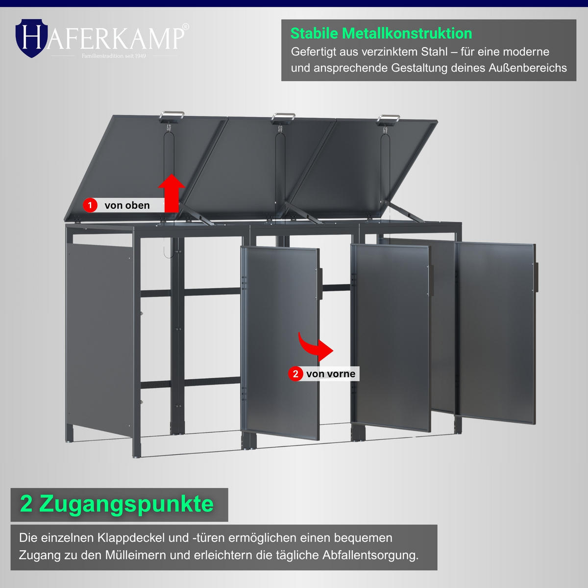 MÜLLTONNENBOX MODUS 3er HxBxT 118,5x204x80cm für 3 x 240 Liter Mülltonnen Verzinkter Stahl - Grau, Metall (204/118.5/80cm)