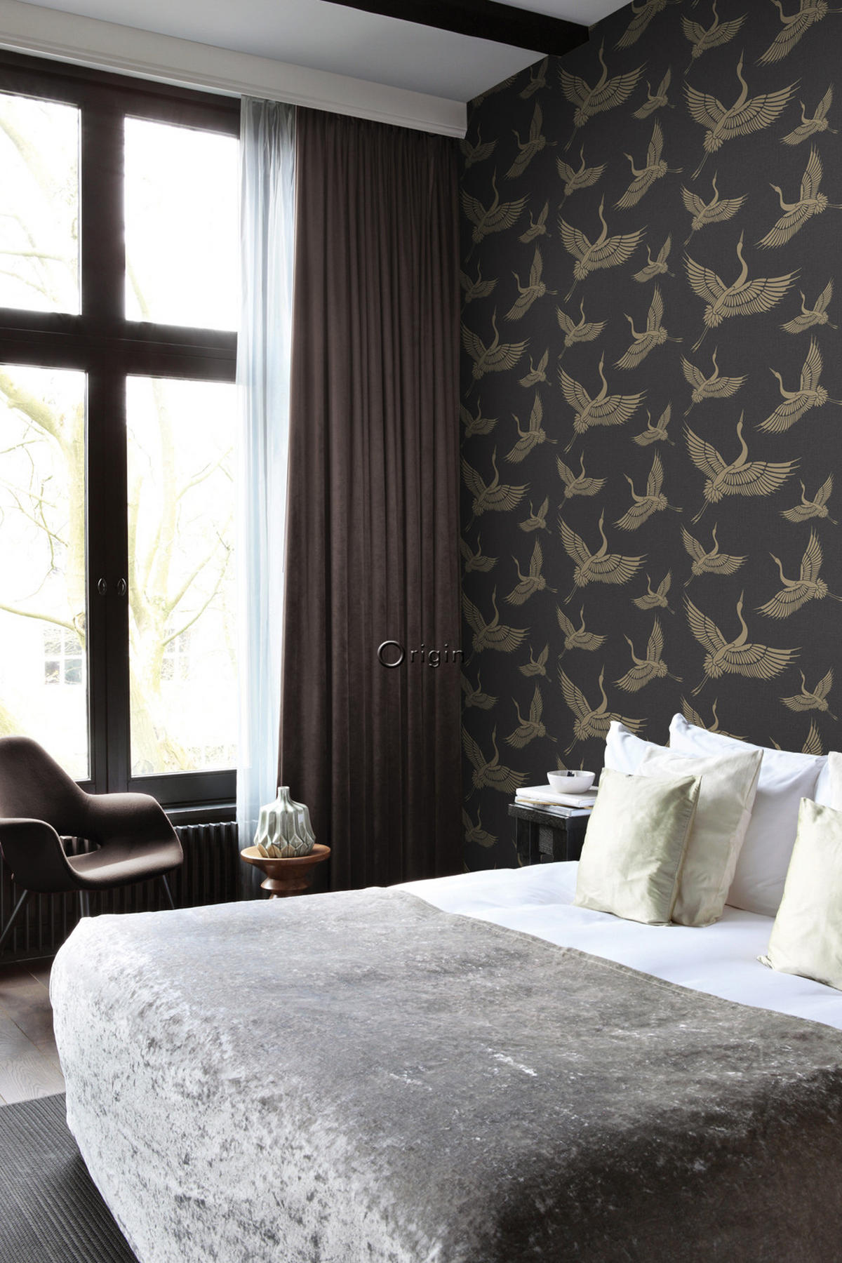 TAPETE Kraniche 50 x 900 cm - Schwarz, Papier (50/900cm) - Origin Wallcoverings
