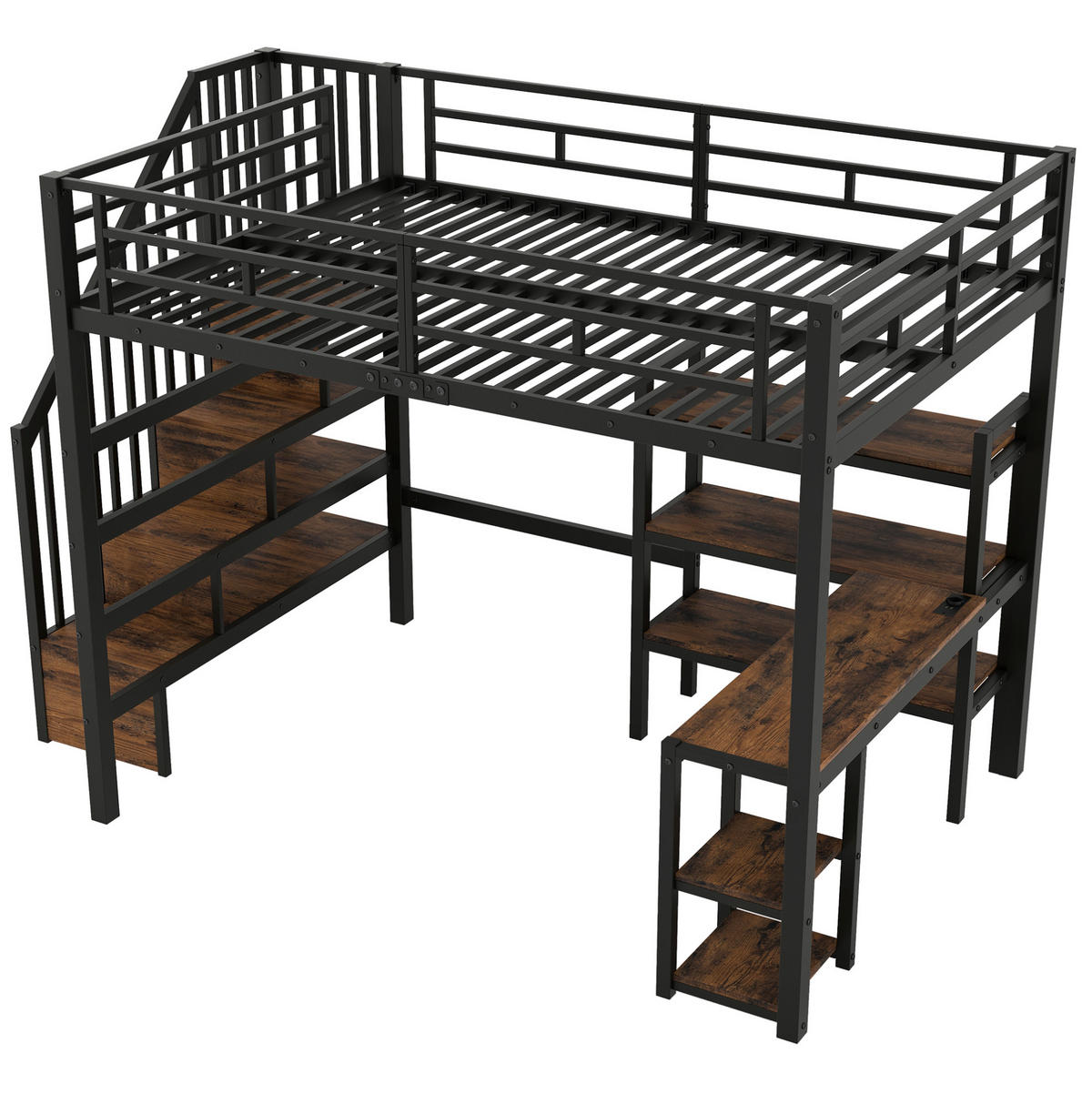 HOCHBETT 140/200 cm aus Metall mit Treppe, Schreibtisch, Regalfächern, USB-Ladestation und LED-Beleuchtung, Schwarz - Schwarz, Metall (140/200cm) - Redom