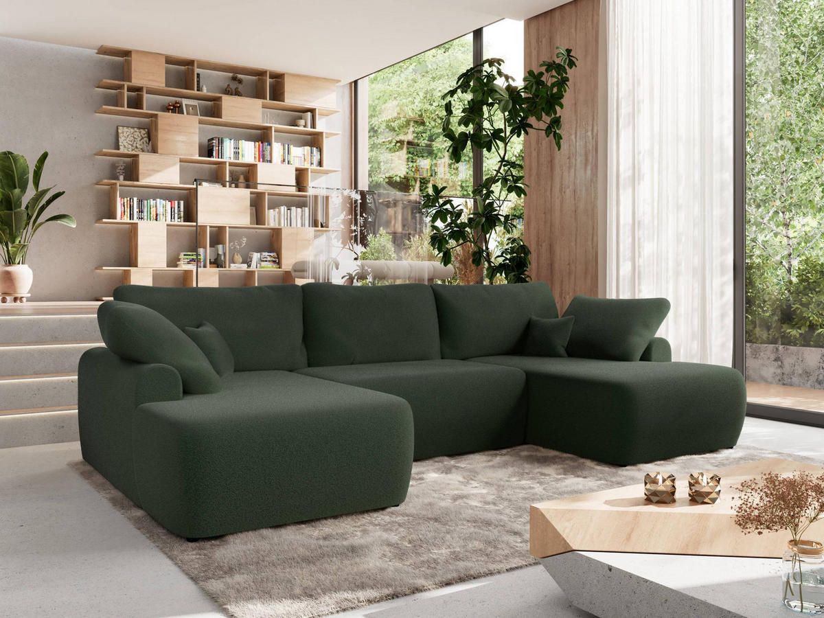 WOHNLANDSCHAFT CUBO U Dunkelgrün Boucle - Dunkelgrün/Schwarz, Kunststoff/Textil (370/100/187cm) - MKS