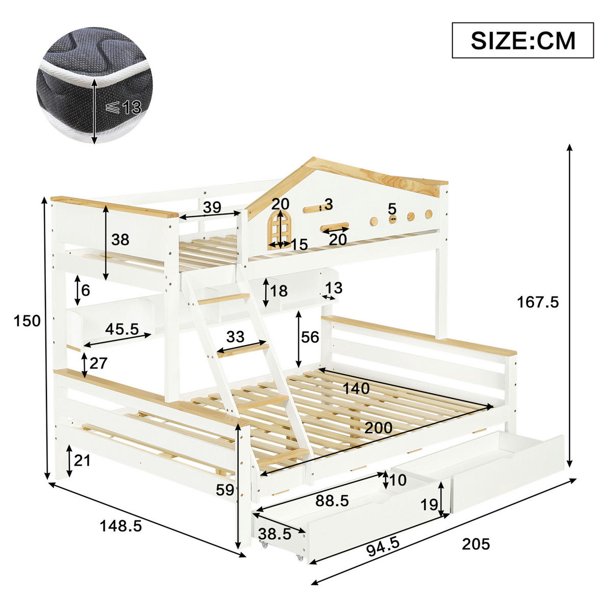 ETAGENBETT 90/200 & 140/200 cm aus Kiefer und MDF mit Regalen, 2 Schubladen und Schrägleiter, Weiß/Natur - Weiß, Holzwerkstoff (90/200cm) - Redom