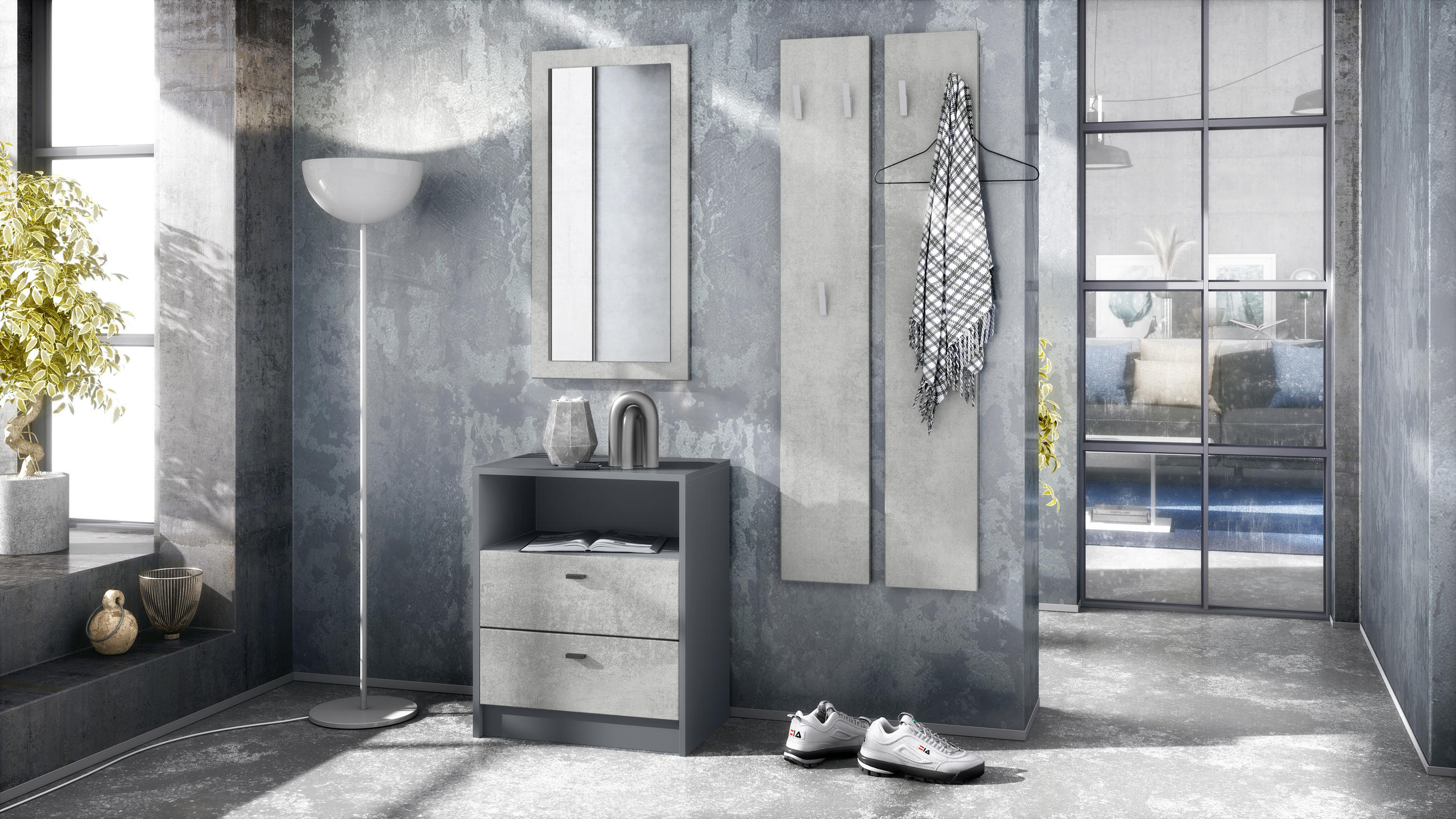 GARDEROBE Pino Beton Oxid Optik - Hellgrau, Holzwerkstoff (130/185/36cm) - Vladon