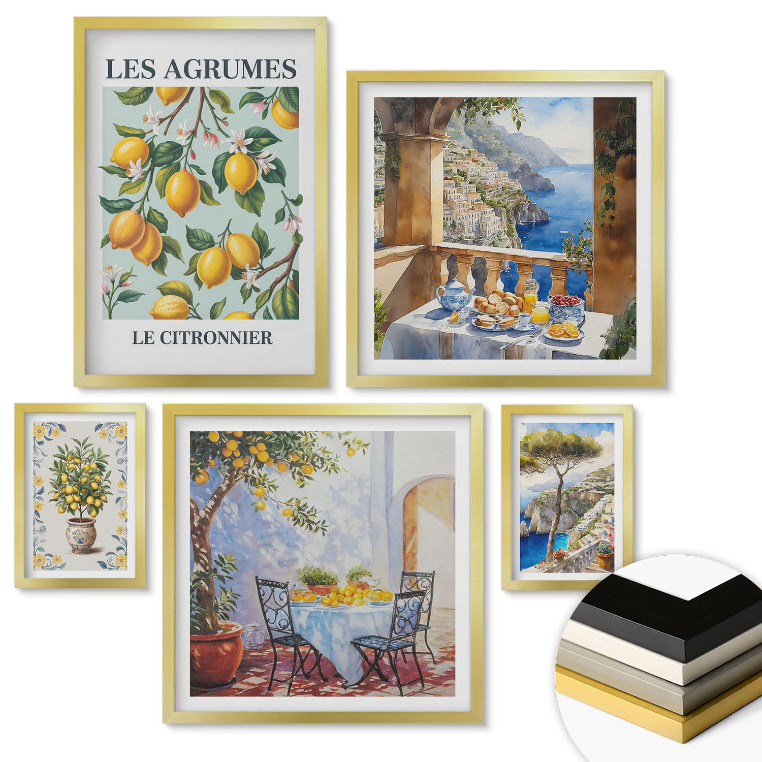 WANDBILDER 5er Set - 50x50 cm & 20x30 cm & 40x60 cm Goldrahmen - Küchenkräuterpflanzen Beschriftungen - Goldfarben, Kunststoff (40/60cm) - ArtPrintCave